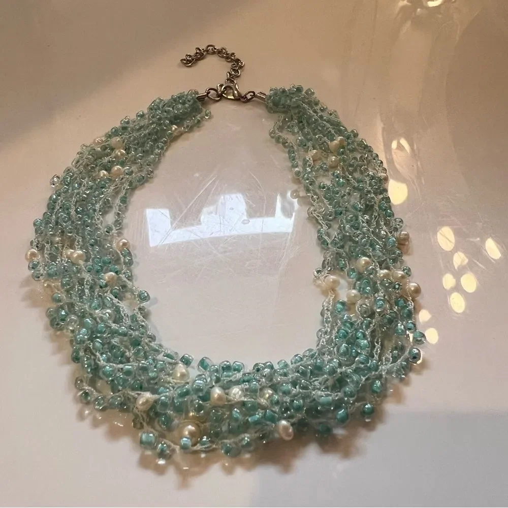 Vintage‎ Aqua Glass & Pearl Multi-Strand Necklace Boho Beachy Layered